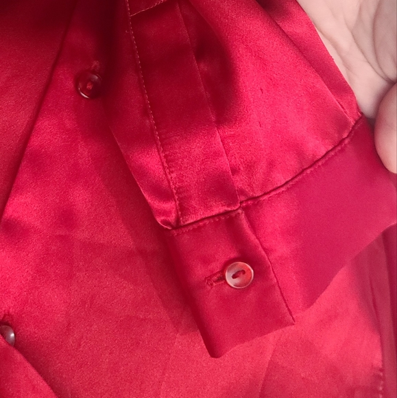 Christmas Red Satin Like Button Down Blouse - Picture 5 of 8